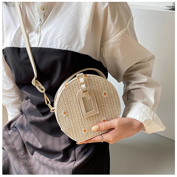 Daisy Flower Embroidered Round Straw Crossbody Bag in Beige - Picture 3 of 8